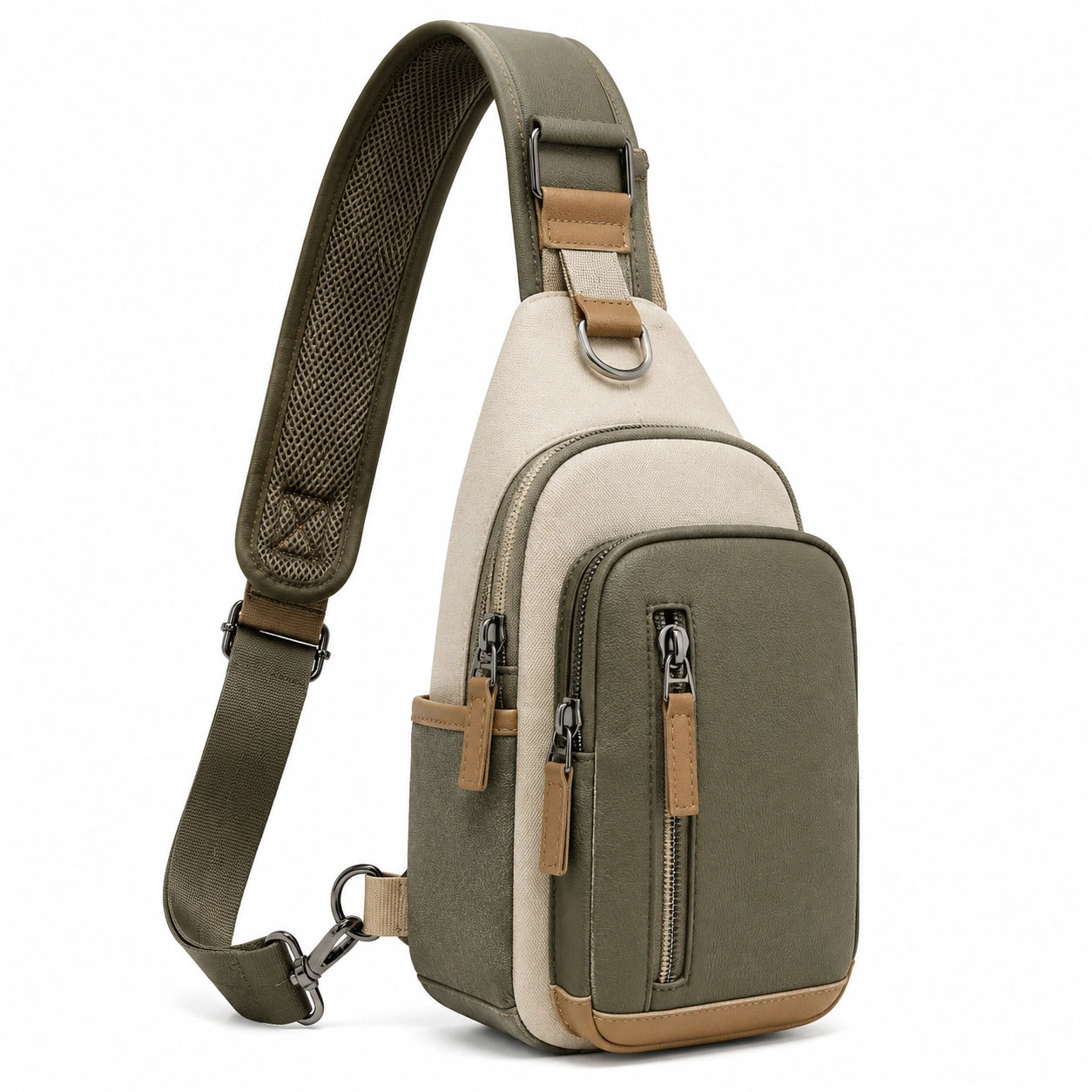 Sling Umhängetasche 18 × 8 × 30 cm aus Textil und Kunstleder Olivgrün Beige mit verstellbarem Schultergurt