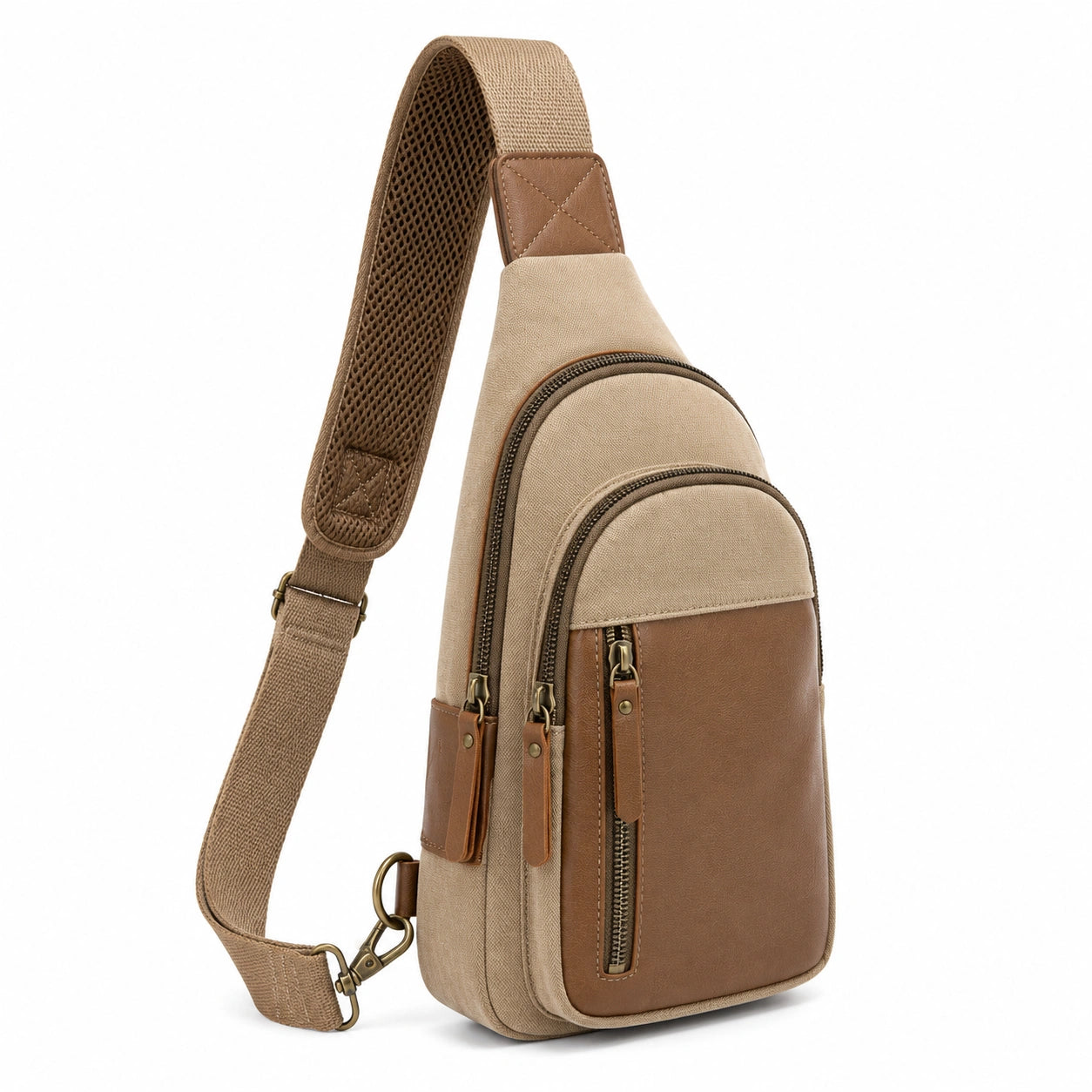 Umhängetasche 18 x 8 x 32 cm Canvas Kunstleder Beige Braun mit Mehrfachfächern für Alltag