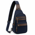 Umhängetasche 18×8×32 cm aus Textil und Kunstleder in Dunkelblau Braun mit verstellbarem Schultergurt