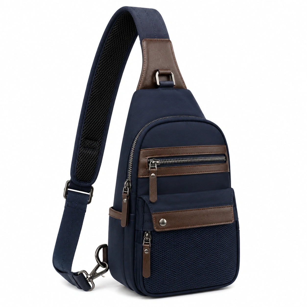 Umhängetasche 18×8×32 cm aus Textil und Kunstleder in Dunkelblau Braun mit verstellbarem Schultergurt