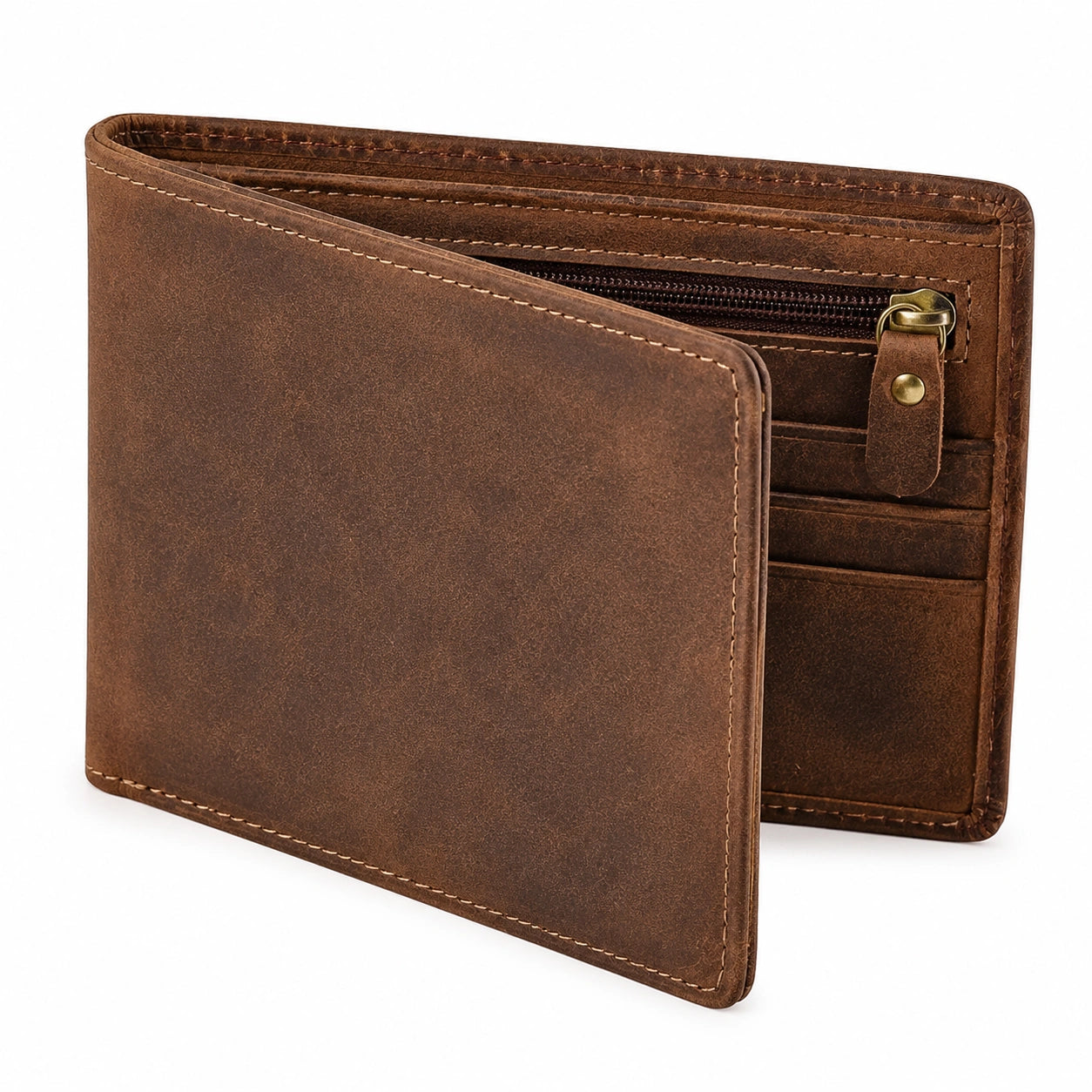 Herren Geldbörse 12 x 9.5 x 2 cm aus braunem Leder im Vintage Stil mit Reißverschlussfach