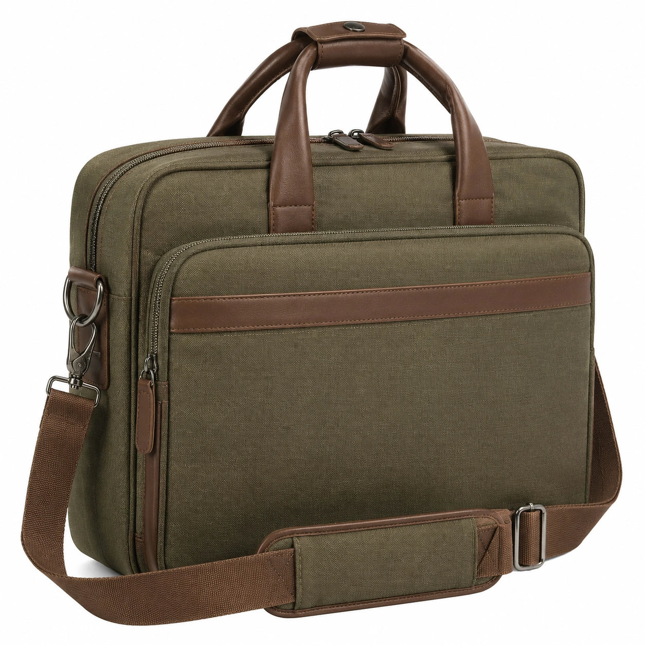 Laptoptasche 40 x 10 x 30 cm aus Gewebe und Kunstleder Olivgrün Braun mit Schultergurt
