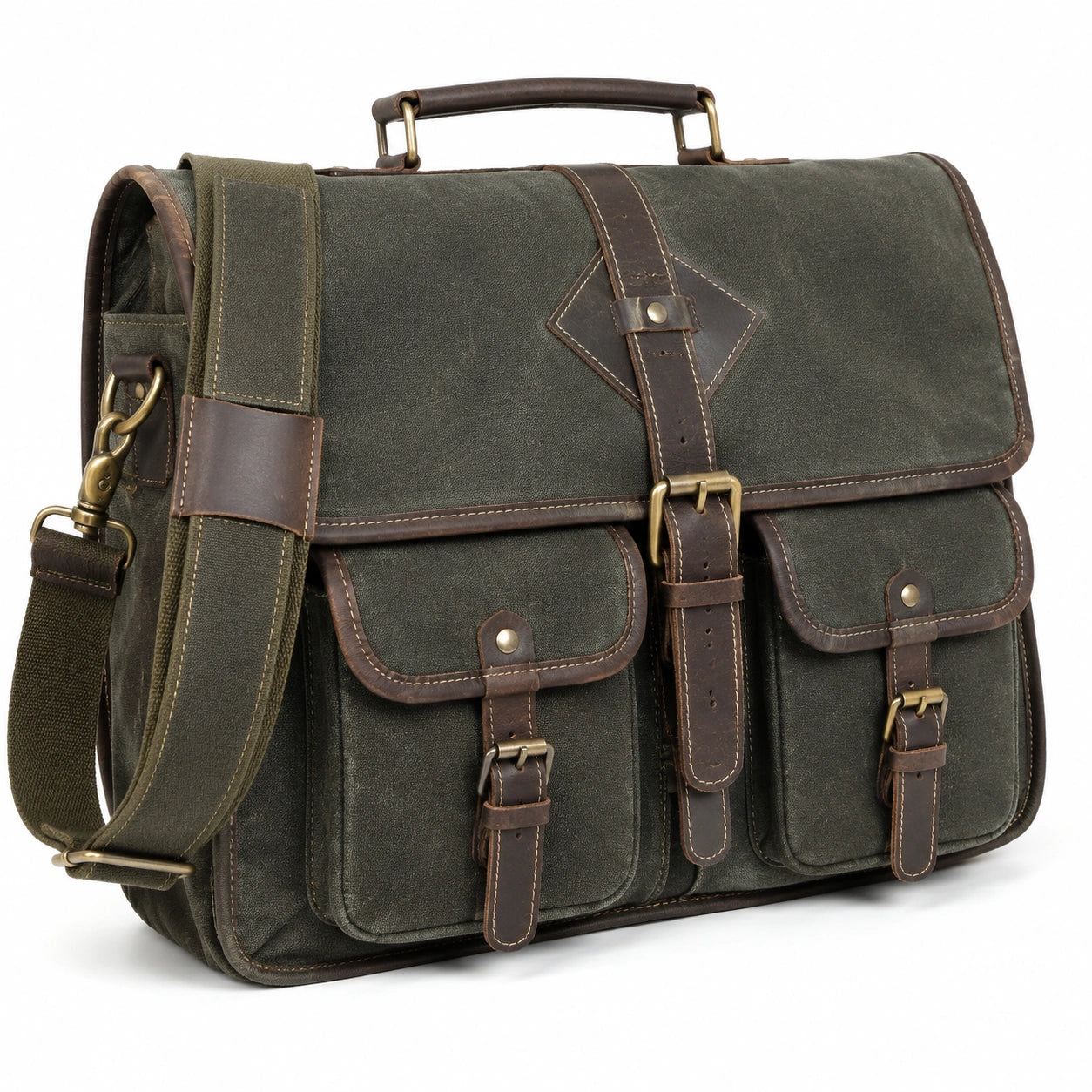Umhängetasche 40 x 14 x 30 cm aus Canvas und Leder Olivgrün Braun mit Schultergurt im Vintage-Stil