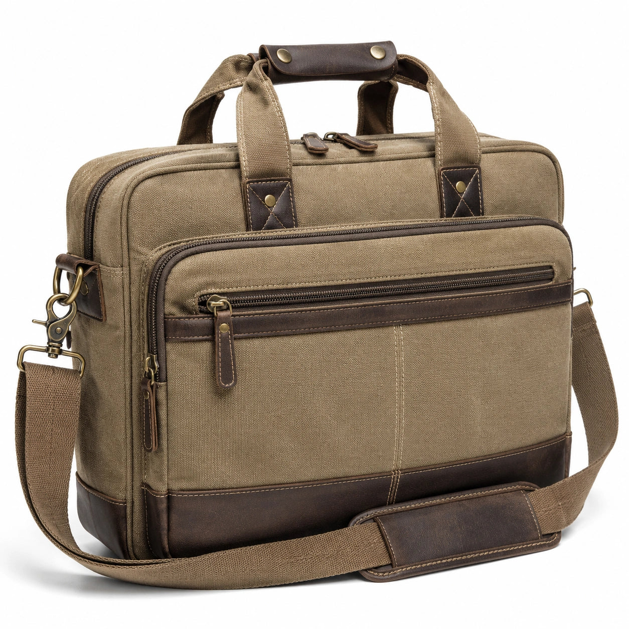 Aktentasche 40 x 12 x 30 cm aus Canvas Khaki Braun mit Schultergurt im Vintage-Stil