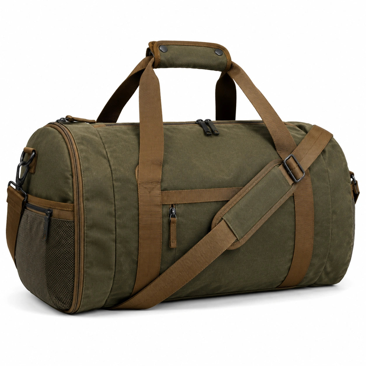Reisetasche 50 x 25 x 28 cm aus Textilgewebe Olivgrün Braun mit Schultergurt im Duffel-Stil
