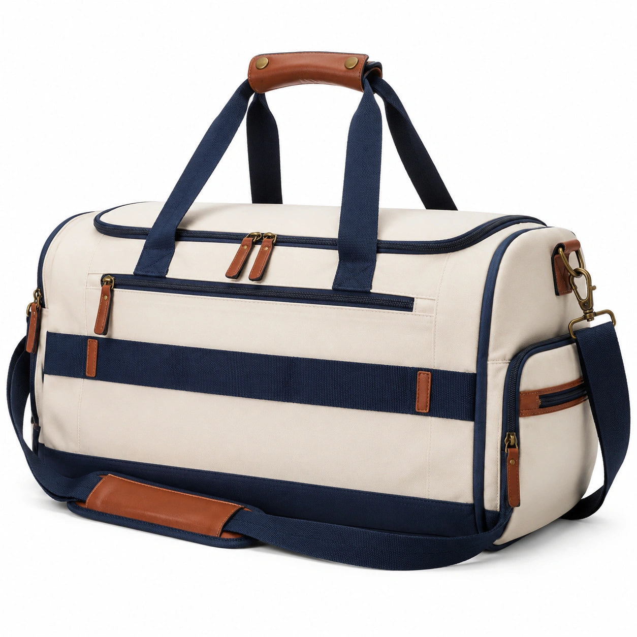 Reisetasche 50×25×28 cm aus Textil in Beige/Navyblau mit Kunstlederdetails und Schultergurt