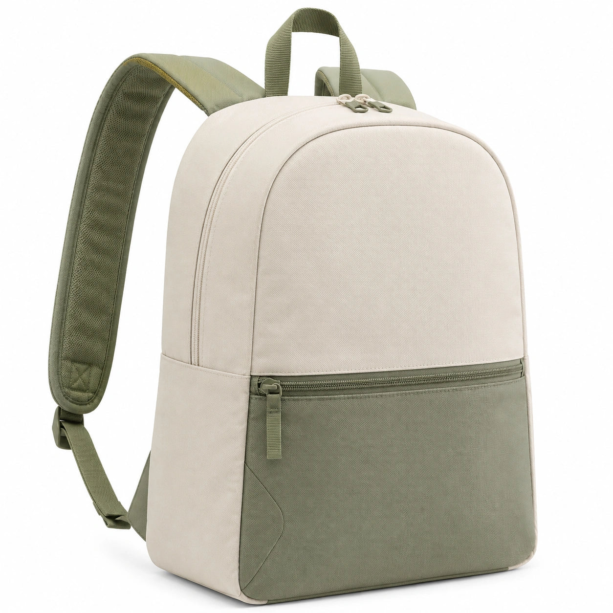 Rucksack 30 x 15 x 40 cm aus Textilgewebe Beige/Olivegrün mit Frontfach für Alltag und Freizeit