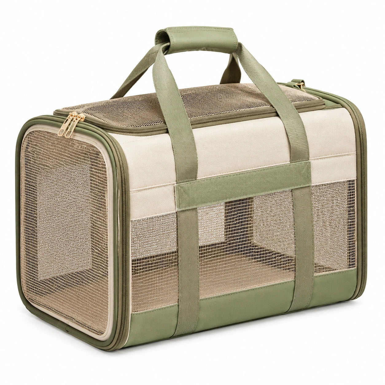 Haustier-Transporttasche 45 x 30 x 30 cm Textil Beige Grün mit Netzfenstern