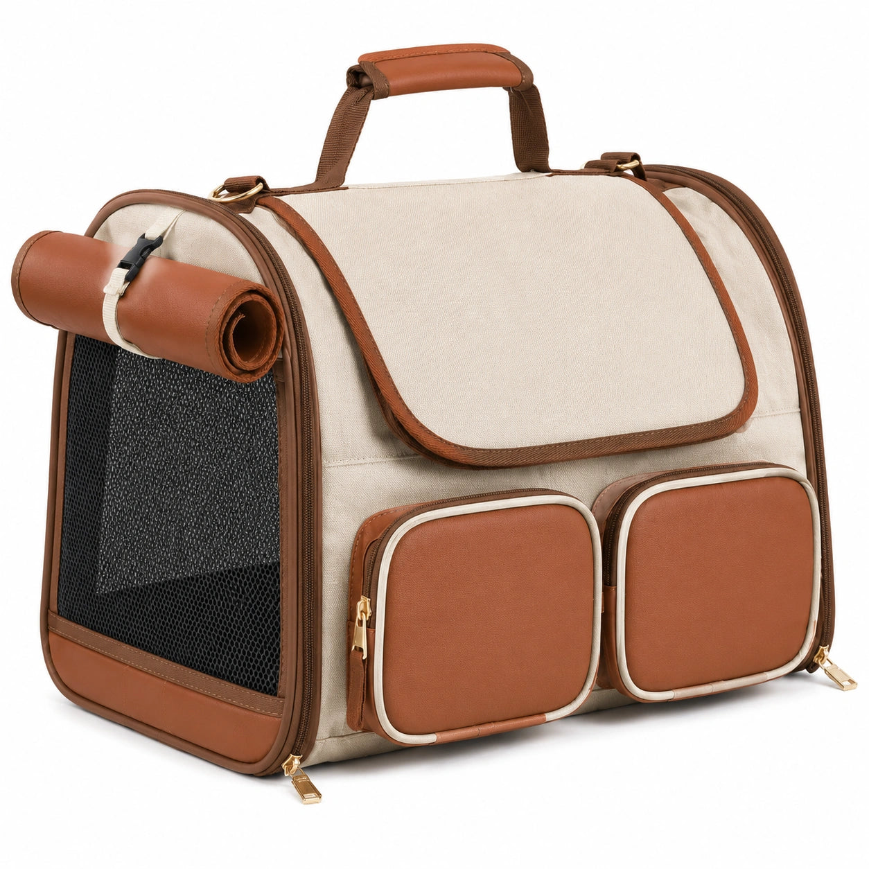 Tiertransporttasche 45 x 30 x 35 cm aus Textil in Beige Braun mit Netzeinsatz und Reißverschluss