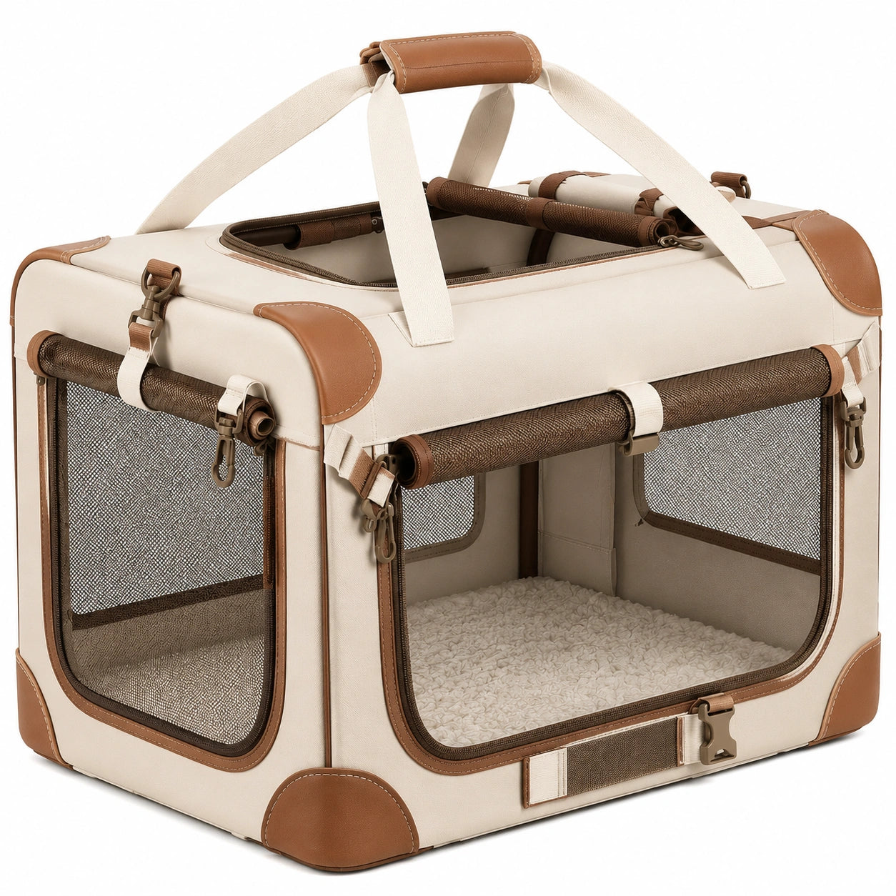 Haustier-Transportbox 50 x 35 x 38 cm Textil Creme/Braun faltbar mit Netzfenstern