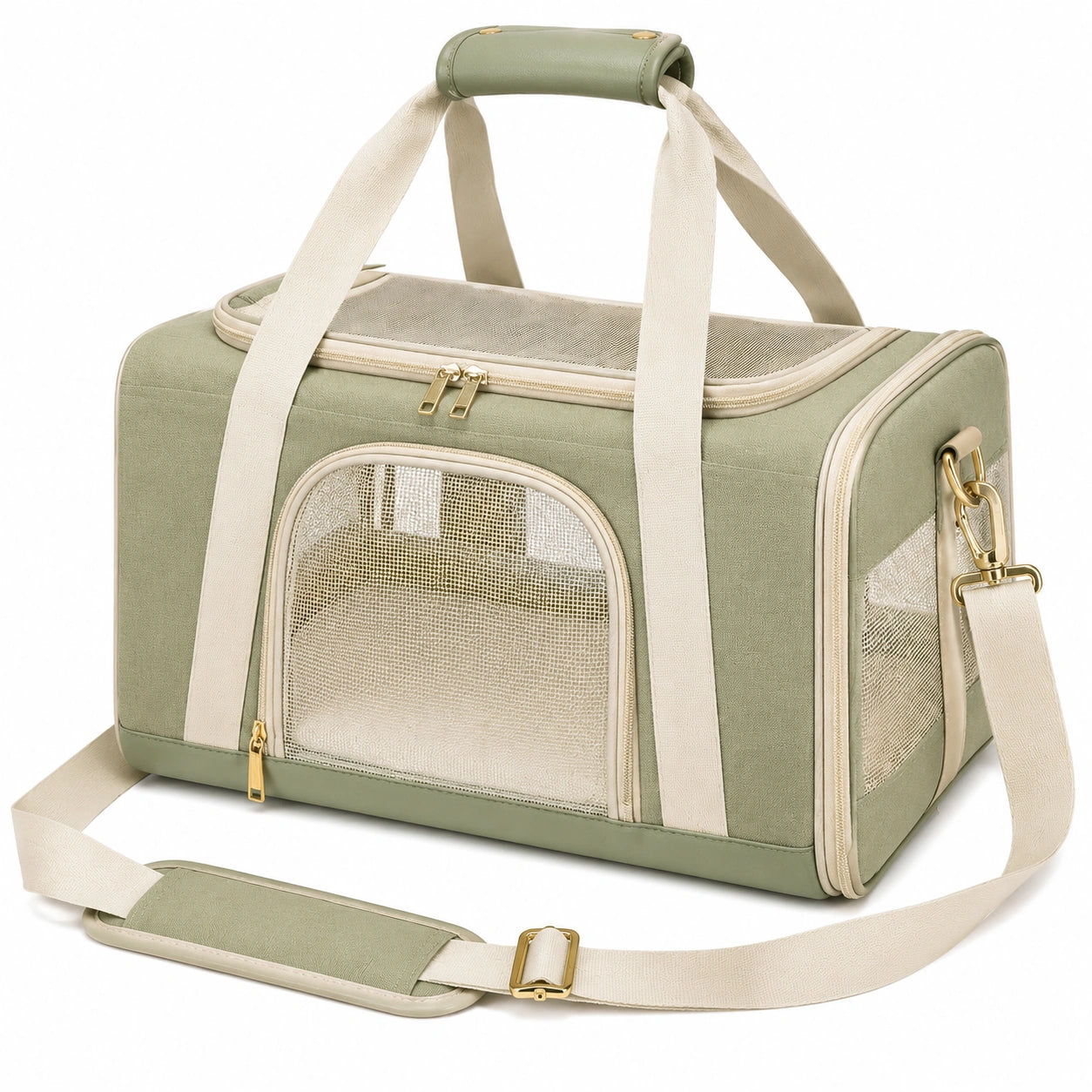 Haustier-Transporttasche 45 x 28 x 30 cm Textil Mesh Salbeigrün für Reisen mit Schultergurt