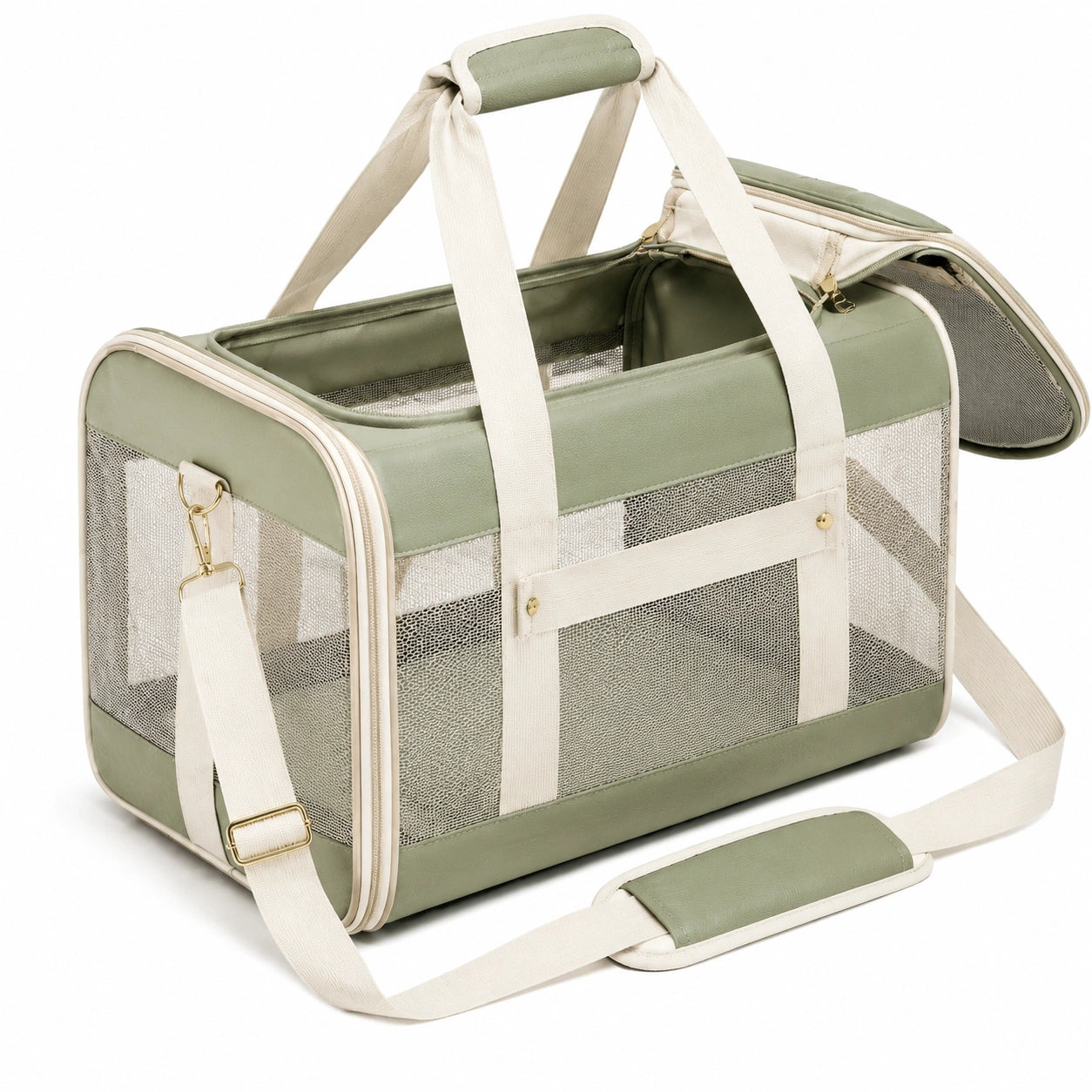 Haustier-Transporttasche 45 cm x 28 cm x 28 cm Textil Mesh Salbeigrün Creme mit Schultergurt