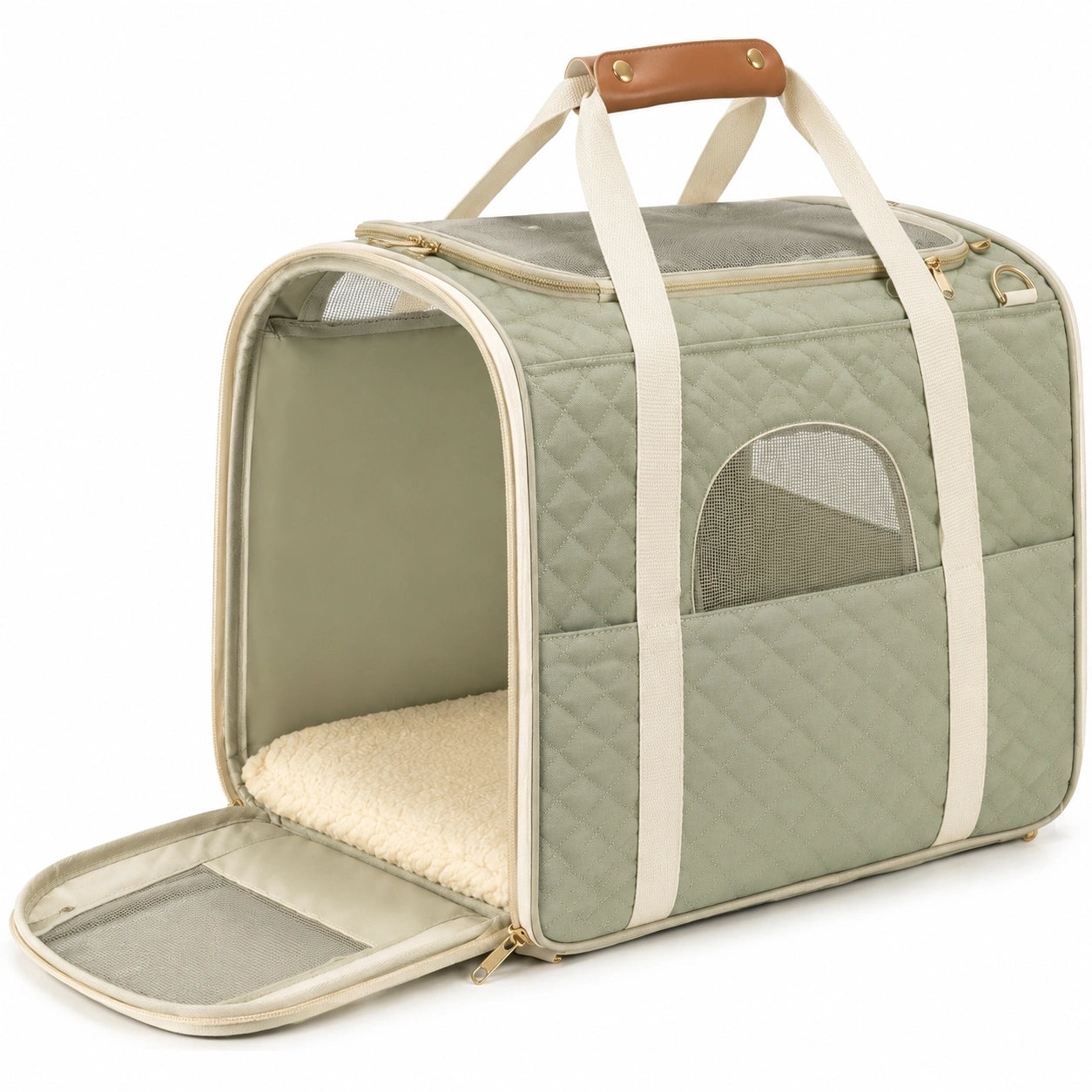 Haustier Transporttasche 45 x 28 x 30 cm aus Textil Salbeigrün mit Netzfenstern und Steppmuster