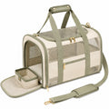 Haustiertransporttasche 45 x 28 x 30 cm aus Textil Beige Grün mit Meshfenstern und Schultergurt