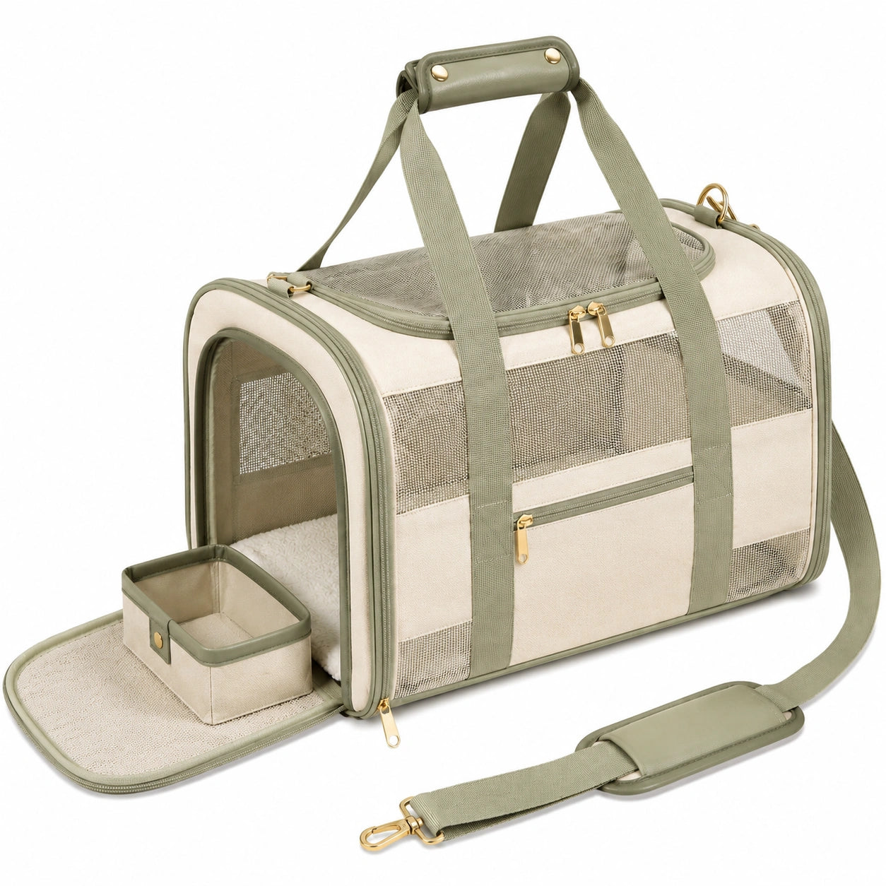 Haustiertransporttasche 45 x 28 x 30 cm aus Textil Beige Grün mit Meshfenstern und Schultergurt