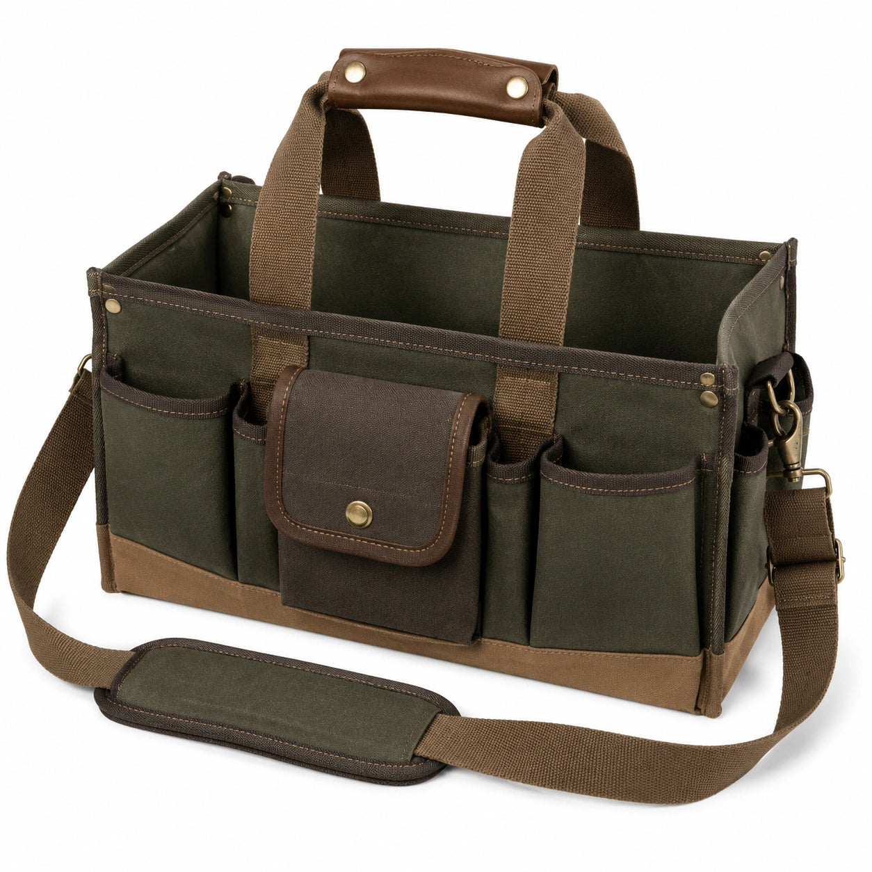 Werkzeugtasche 40 × 18 × 30 cm aus Textil und Kunstleder Grün Braun mit Schultergurt