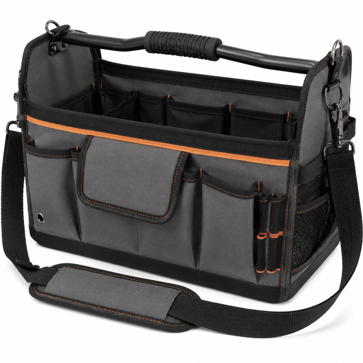 Werkzeugtasche 40 x 22 x 30 cm aus Polyester Schwarz Grau Orange mit Schultergurt und Organizerfächern